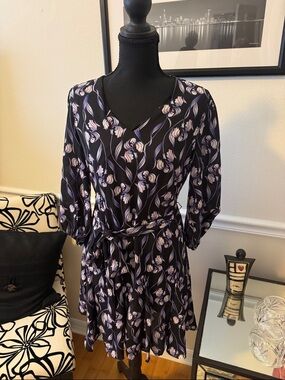 White House Black Market Black Dress with Lavender Floral Print, Midi Wrap Style